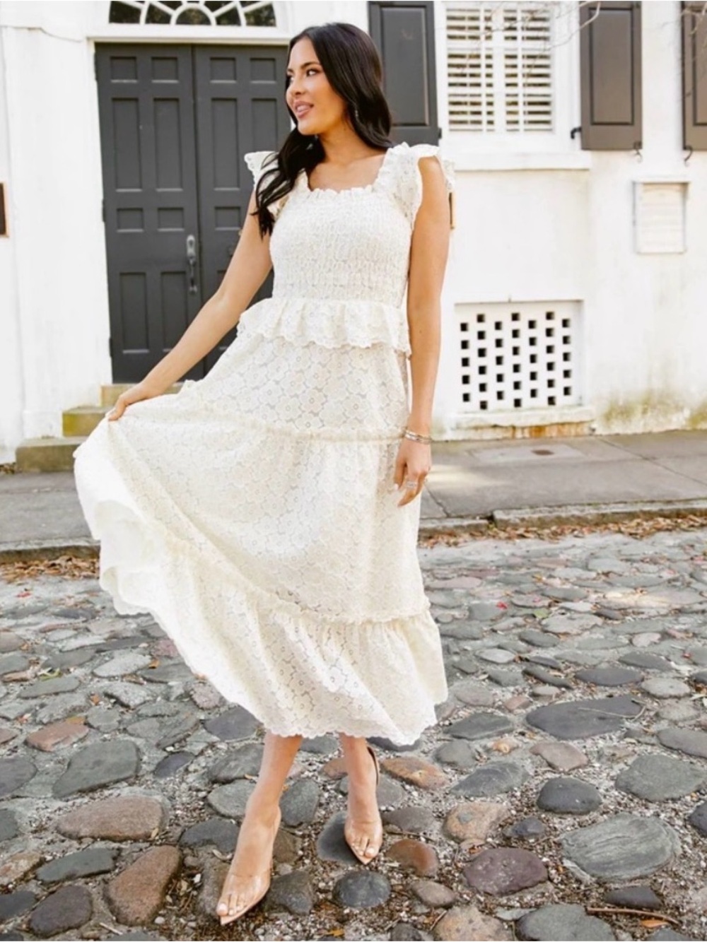 Rachel Parcell Cream Lace Tiered Midi Dress